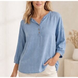J.Jill Denim Tencel Lyocell Chambray Top Tagged XL Fits like 2X Blue 3/4 Sleeve